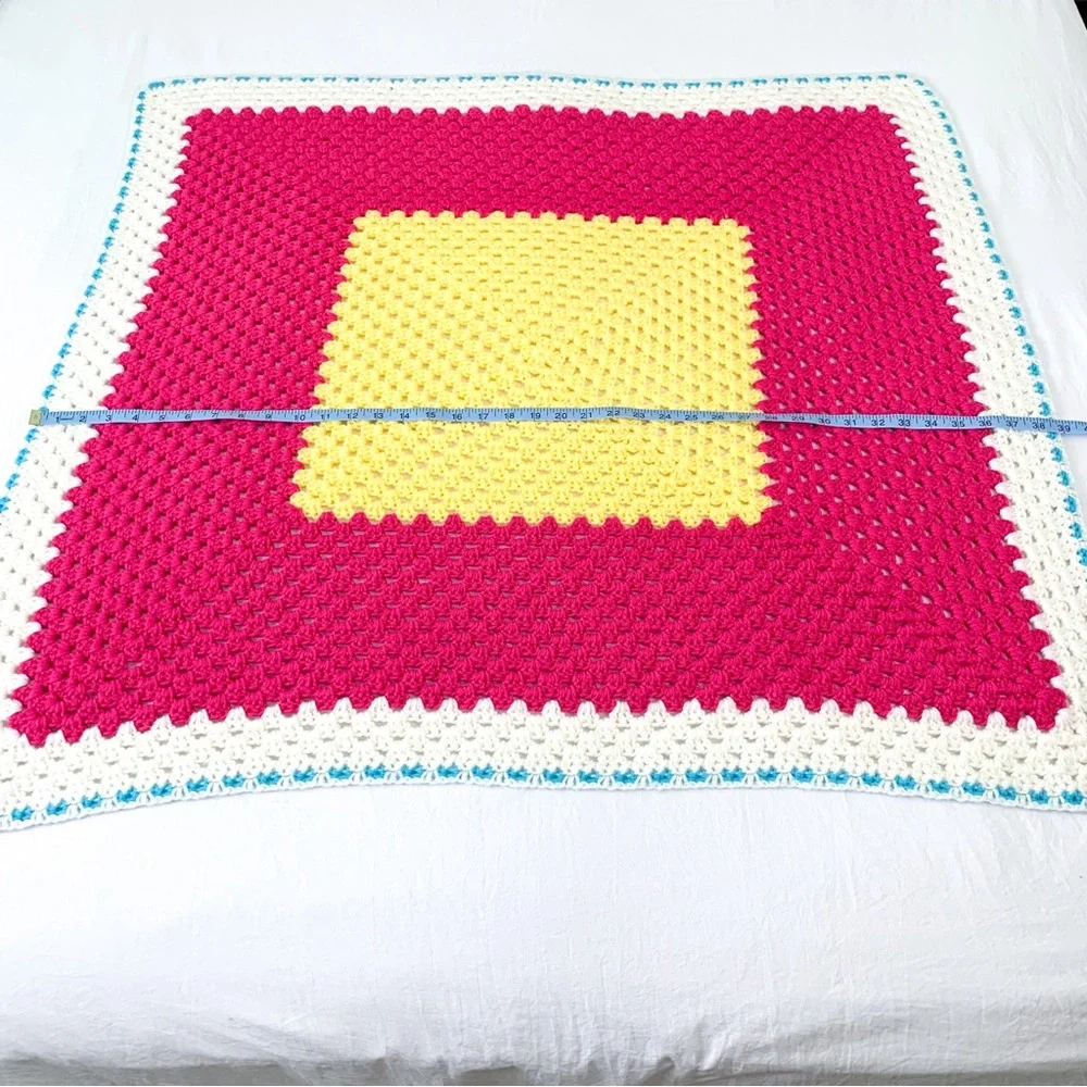 Crochet small blanket handmade throw baby blanket in pink, yellow, white & blue